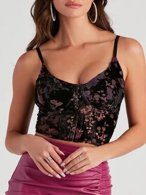 Windsor Burnt Velvet Black Lace Corset with Floral Detail